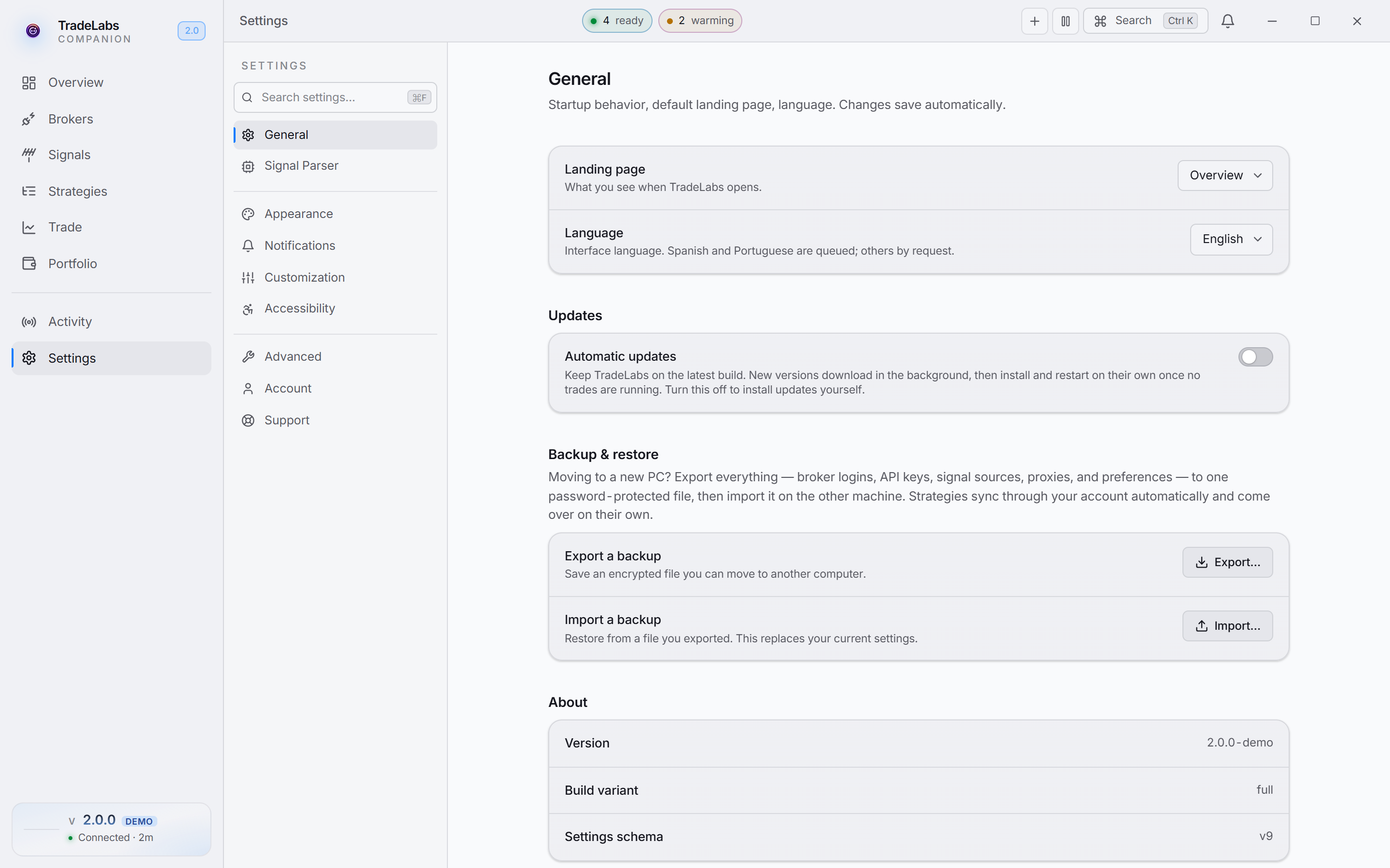 The Settings page