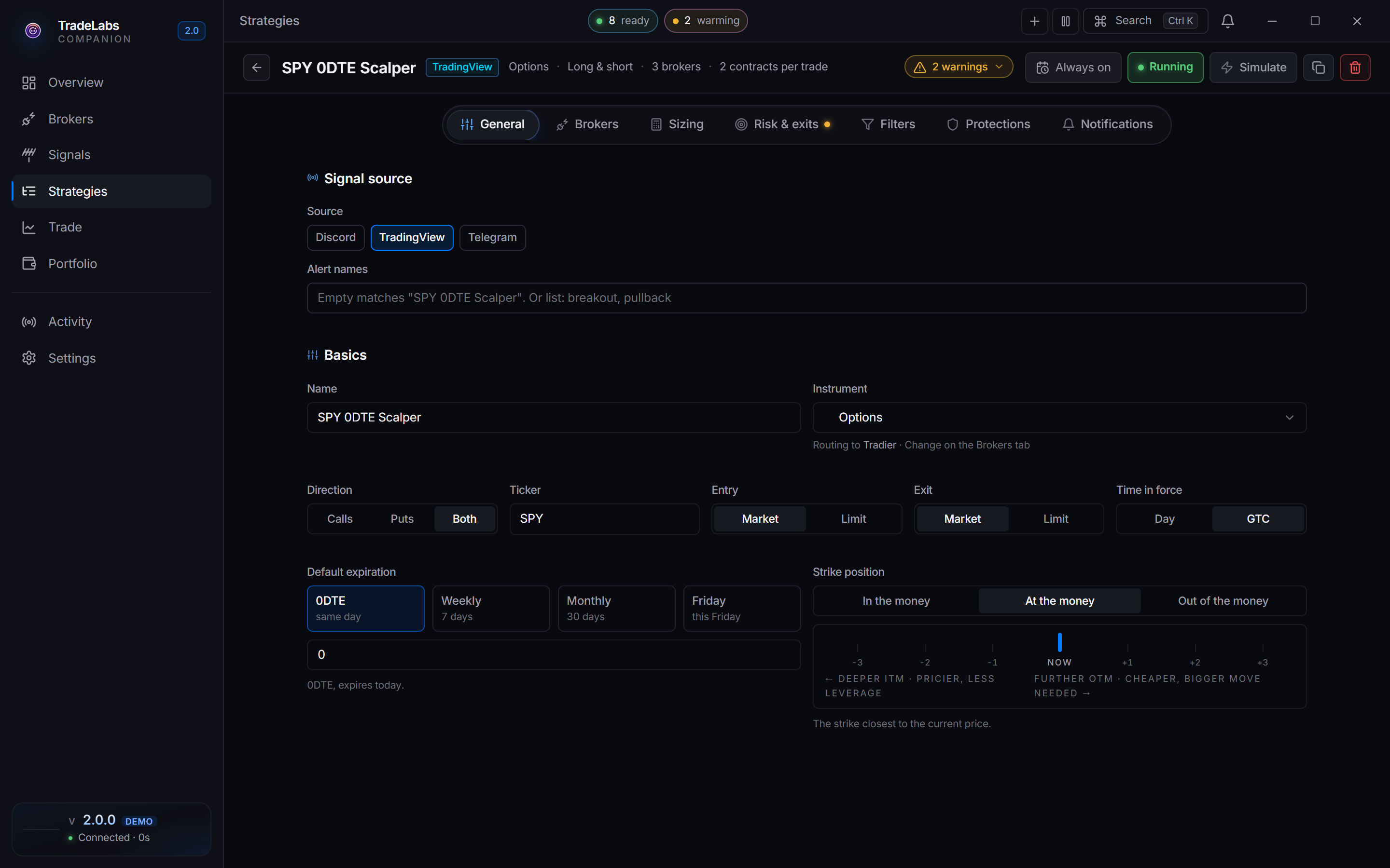 The strategy editor with an Options strategy open
