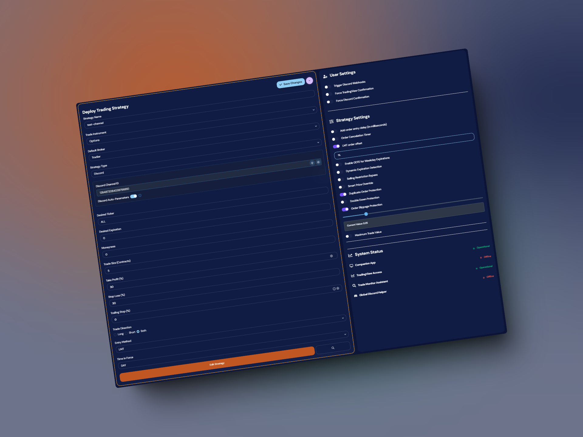 TradeLabs strategy configuration interface showing Discord channel connection settings